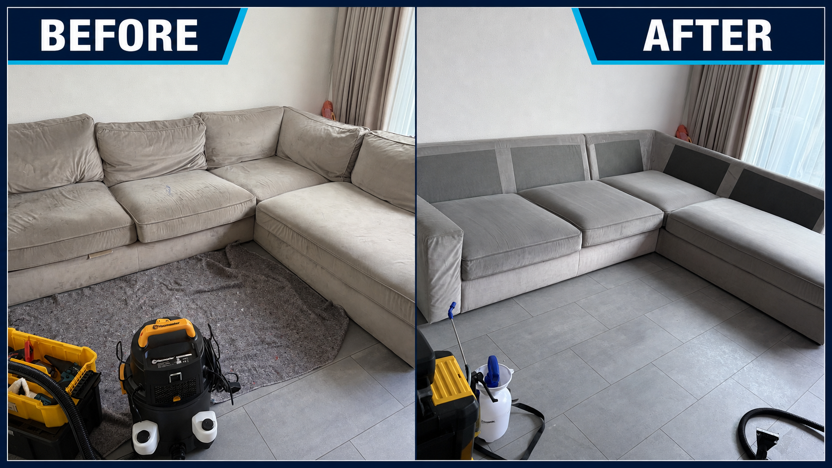 Before en after van een door SOFACLEAN professioneel gereinigd stoffen hoekbankstel